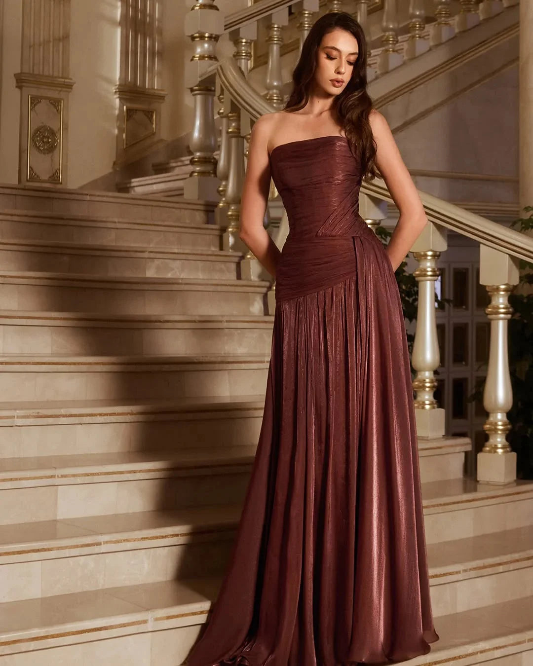 Luxury Dubai Rust Red A Line Evening Dress Pleated Strapless Off Shoulder Women Wedding Formal Gowns Size Color Customization