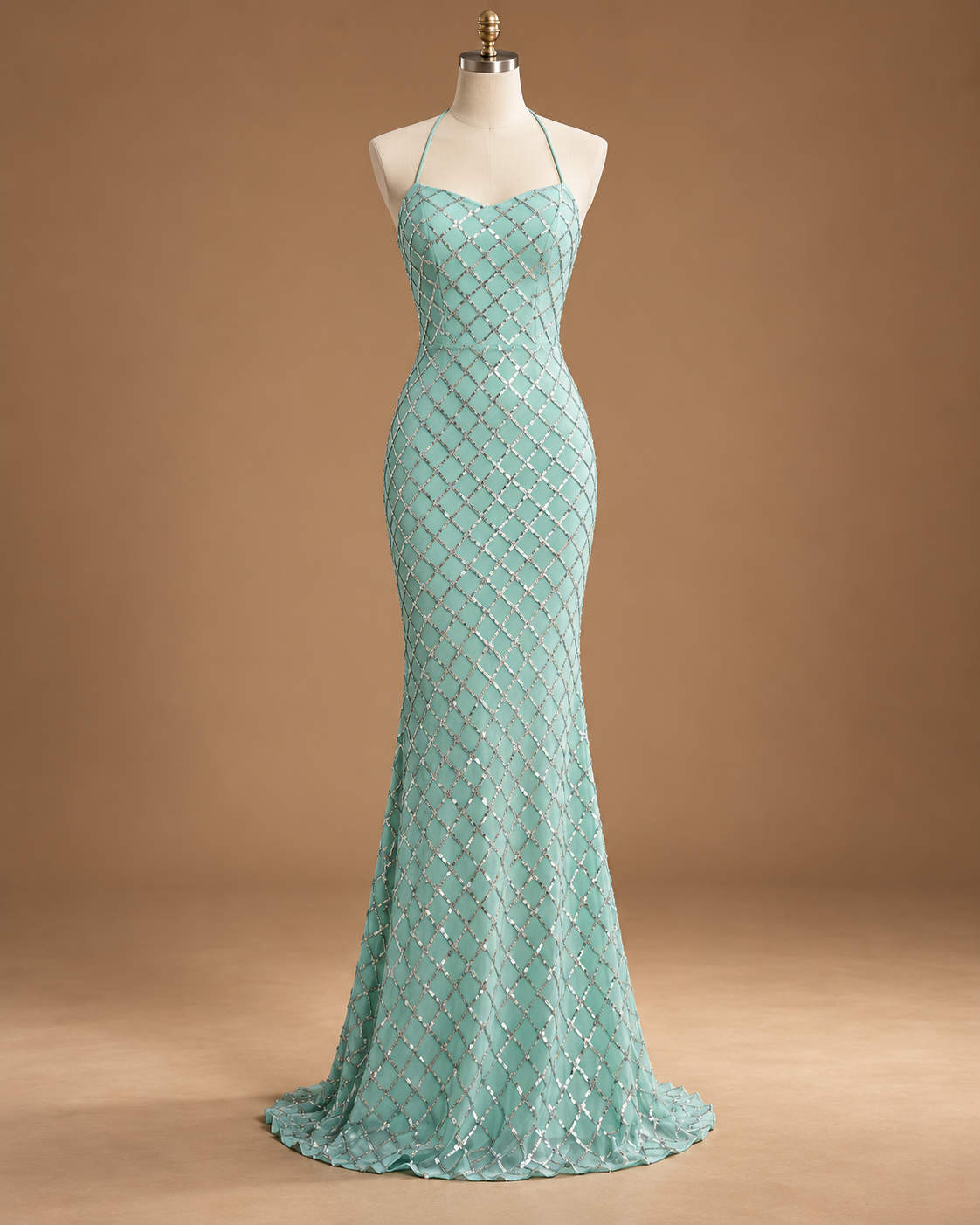 AURELIA | Mint Silver Beaded Halter Mermaid Evening Gown
