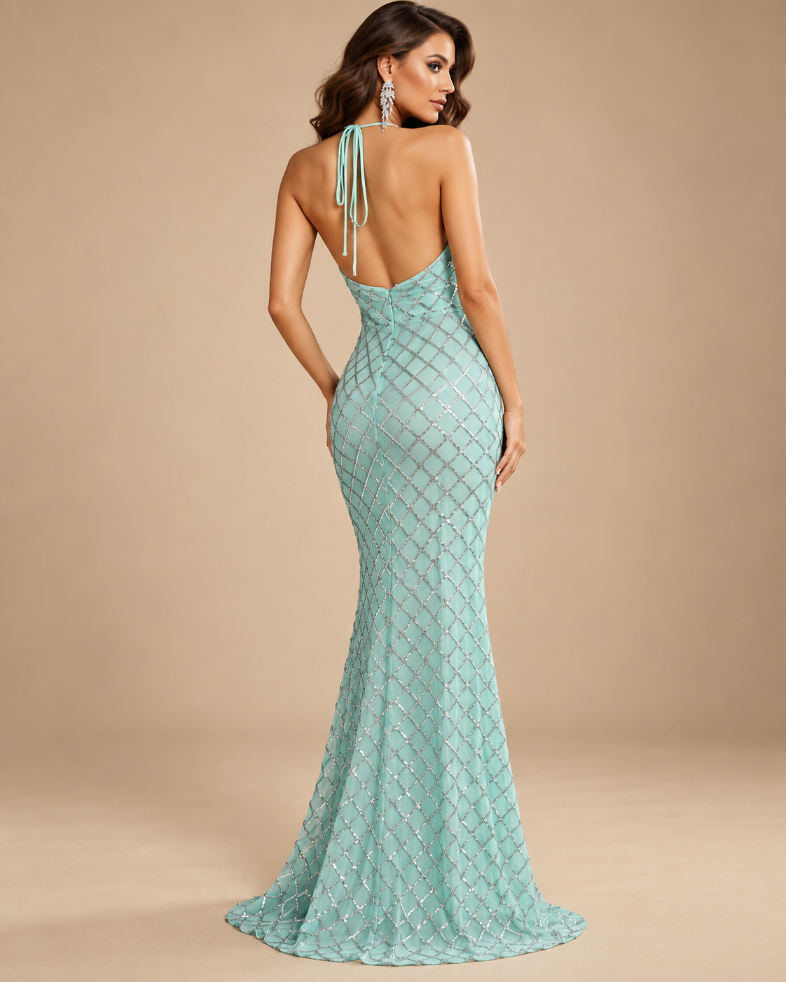 AURELIA | Mint Silver Beaded Halter Mermaid Evening Gown