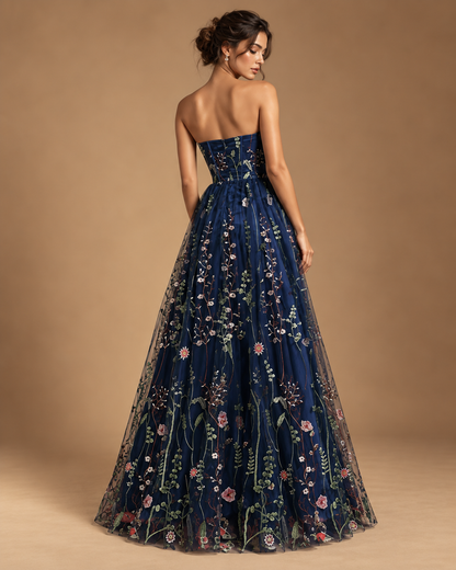 LILIANA | Navy Floral Embroidered Strapless A-Line Evening Gown
