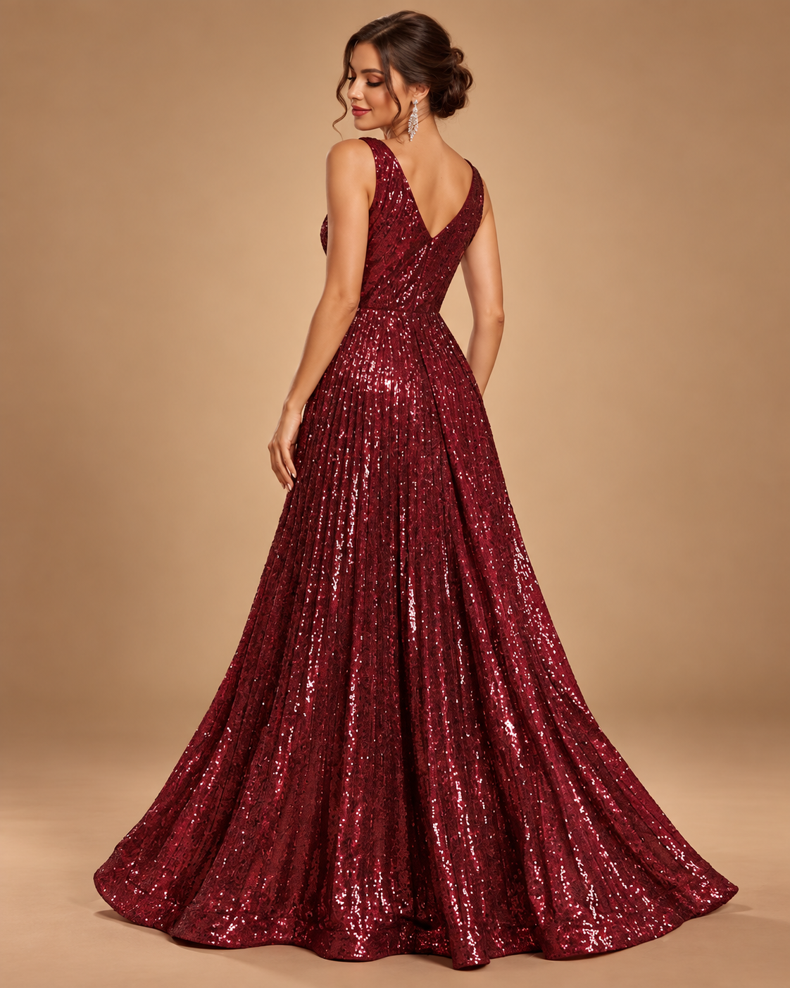 VALENCIA | Burgundy Sequin V-Neck A-Line Evening Gown