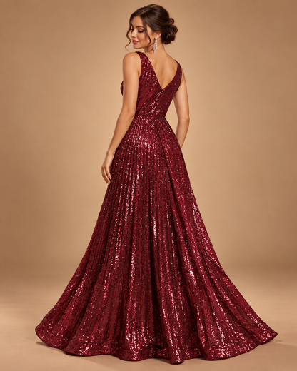 VALENCIA | Burgundy Sequin V-Neck A-Line Evening Gown