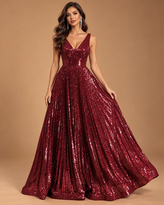 VALENCIA | Burgundy Sequin V-Neck A-Line Evening Gown