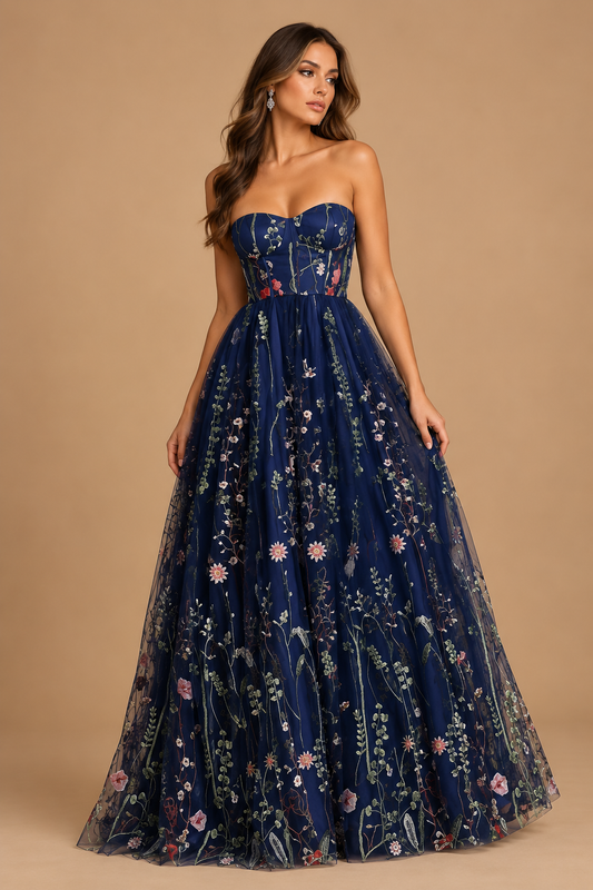 LILIANA | Navy Floral Embroidered Strapless A-Line Evening Gown