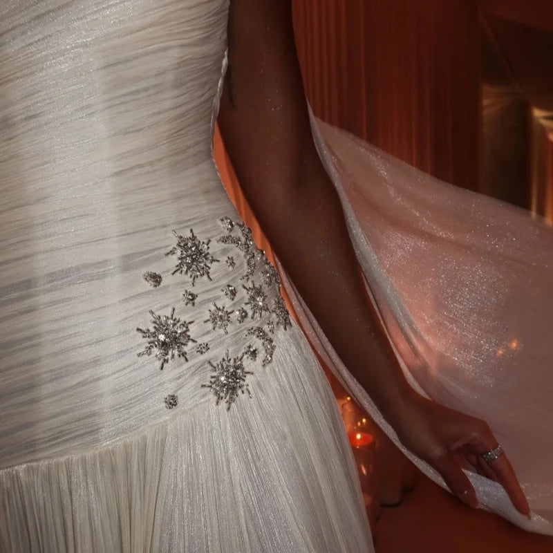 Champagne Shiny Evening Dress One Shoulder A Line Side Slit Prom Gowns Luxury Sequined Silk Party Dress Arabia Customized