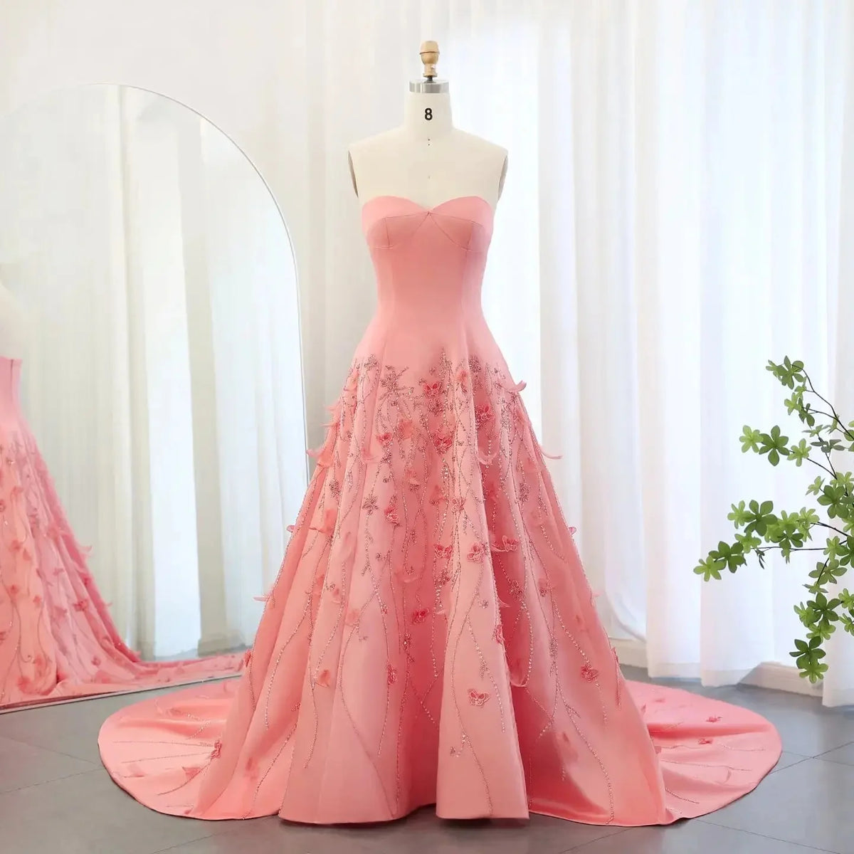 Luxury Dubai Coral Pink Evening Dresses 3D Flowers Sweeheart Wedding Formal Party Dress Saudi Evening Dress Customized