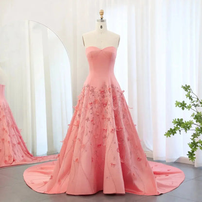 Luxury Dubai Coral Pink Evening Dresses 3D Flowers Sweeheart Wedding Formal Party Dress Saudi Evening Dress Customized