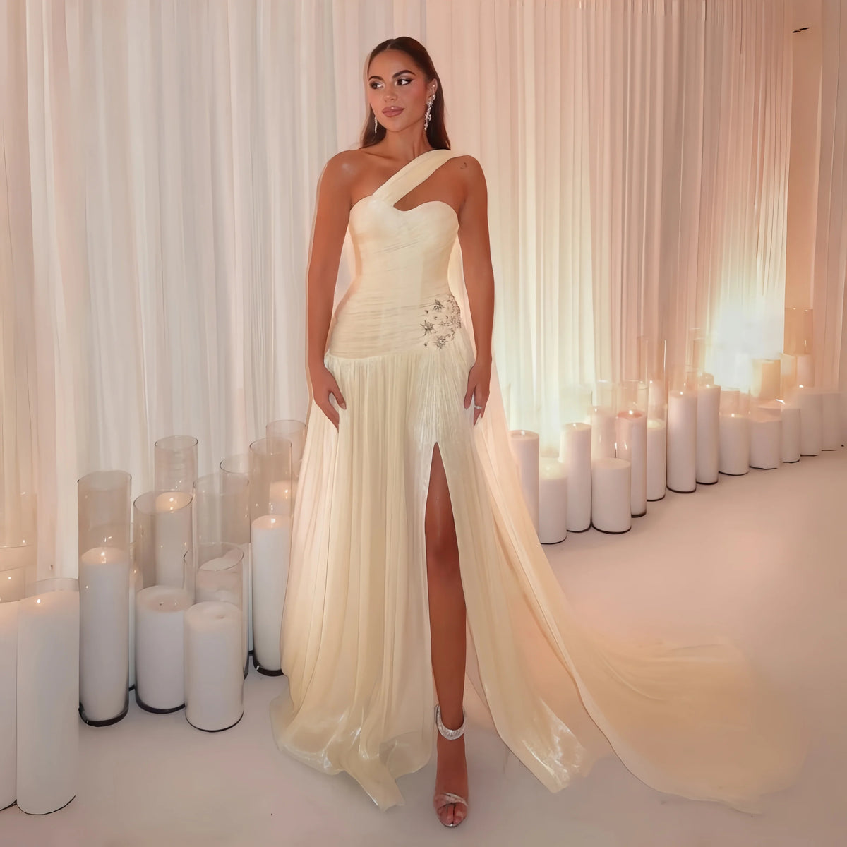 Champagne Shiny Evening Dress One Shoulder A Line Side Slit Prom Gowns Luxury Sequined Silk Party Dress Arabia Customized