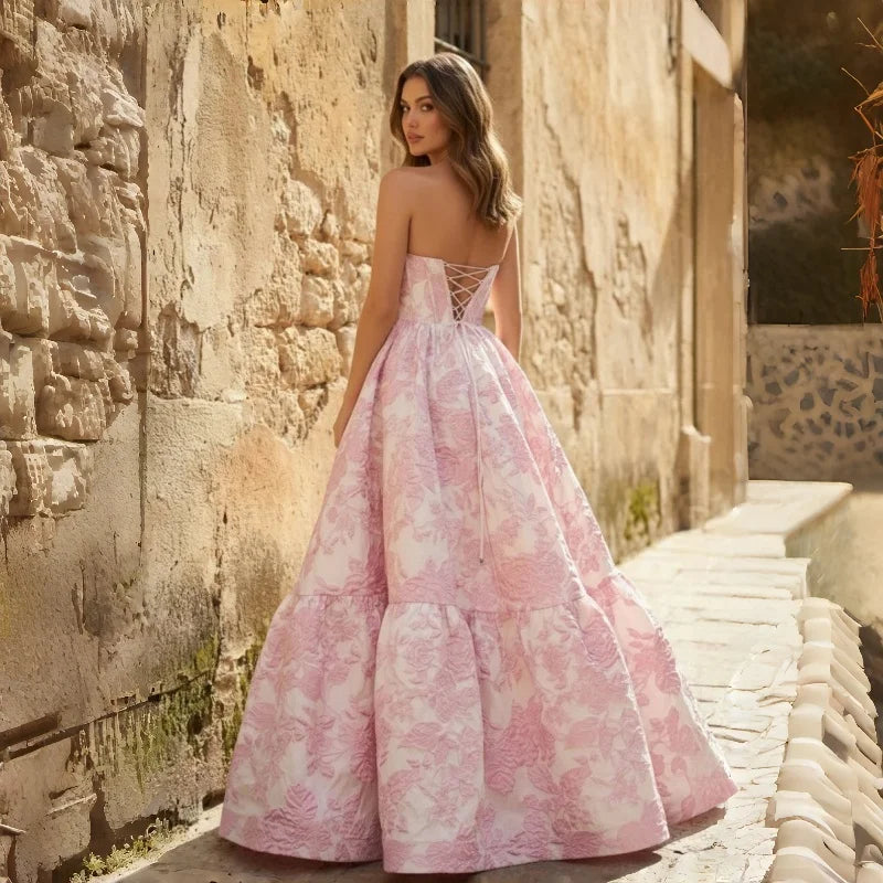 Pink Strapless Prom Dresses with Floral Jacquard Corset Bodice and Tiered Ball Gown Skirt Customized Formal Evening 2026
