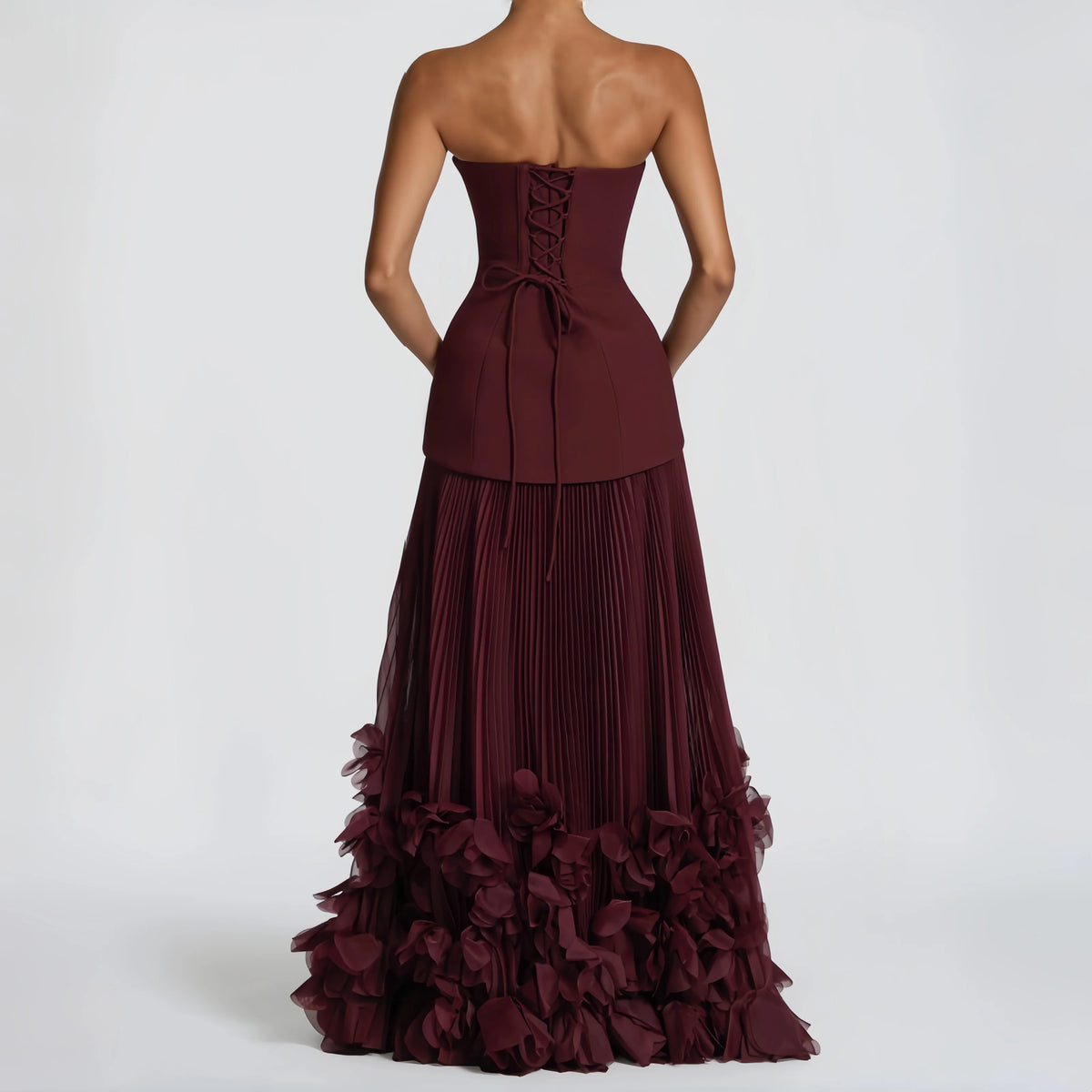 Danni Custom Burgundy Strapless Evening Dress Corset Pleated Prom Dresses Chiffon Vestidos De Noche Formal Evening