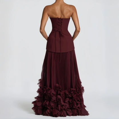 Danni Custom Burgundy Strapless Evening Dress Corset Pleated Prom Dresses Chiffon Vestidos De Noche Formal Evening