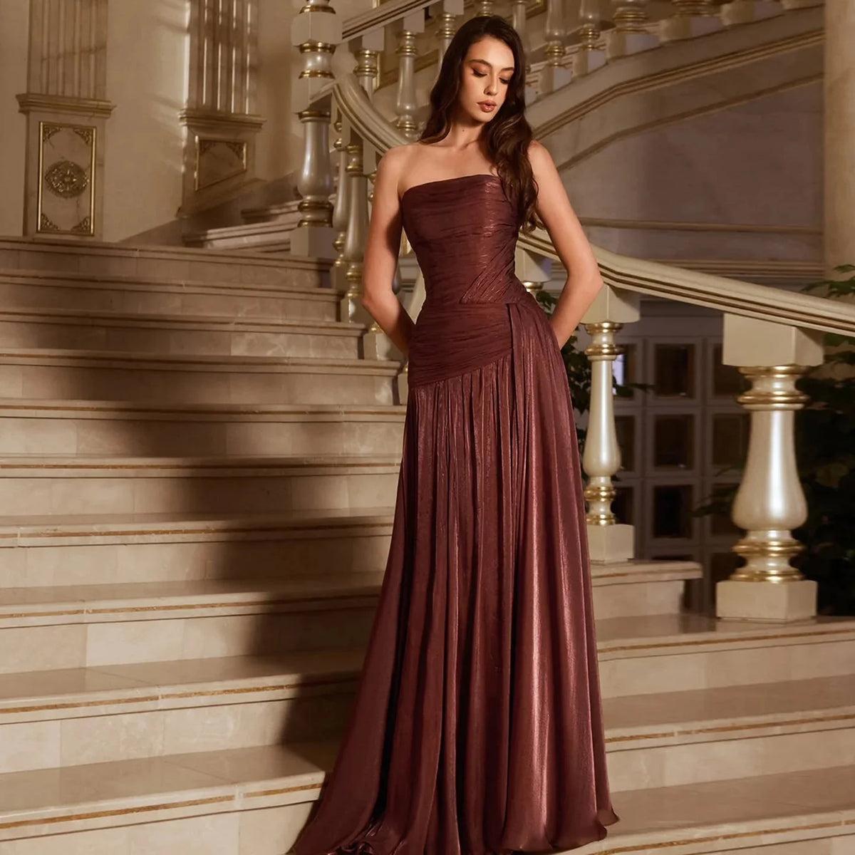 Luxury Dubai Rust Red A Line Evening Dress Pleated Strapless Off Shoulder Women Wedding Formal Gowns Size Color Customization