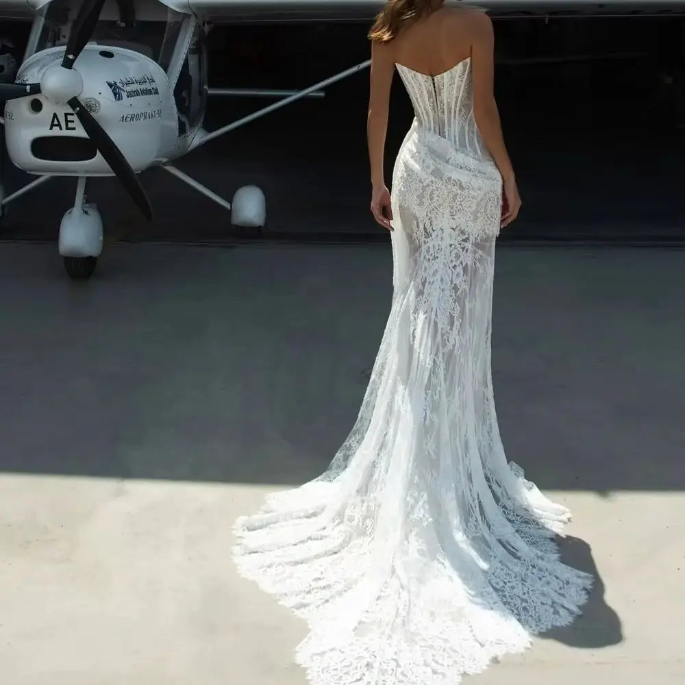 Women's Formal Evening Gowns Unique Design Strapless Mermaid Lace Wedding Dress With French Sheer Mermaid Train