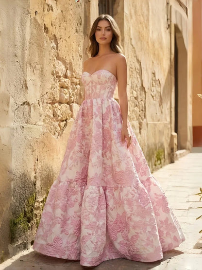 Pink Strapless Prom Dresses with Floral Jacquard Corset Bodice and Tiered Ball Gown Skirt Customized Formal Evening 2026