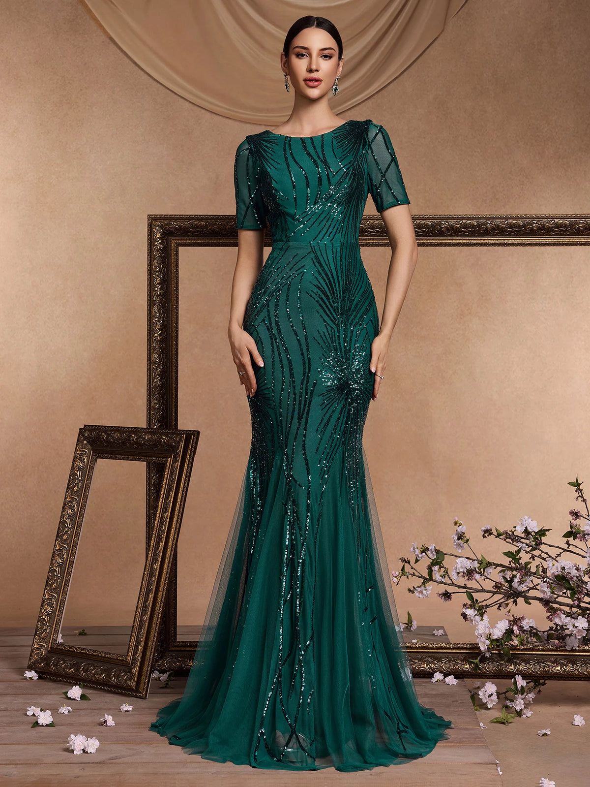 Elegant Short Sleeves Sequin Tulle Evening Dresses Women Luxury Mermaid Formal Bridesmaid Party Maxi Prom Dress