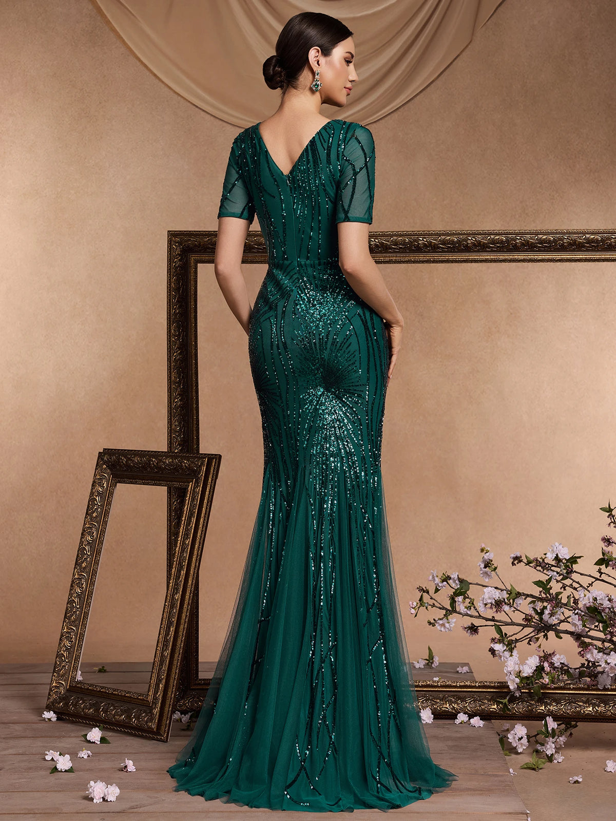 Elegant Short Sleeves Sequin Tulle Evening Dresses Women Luxury Mermaid Formal Bridesmaid Party Maxi Prom Dress