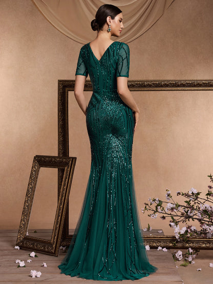 Elegant Short Sleeves Sequin Tulle Evening Dresses Women Luxury Mermaid Formal Bridesmaid Party Maxi Prom Dress