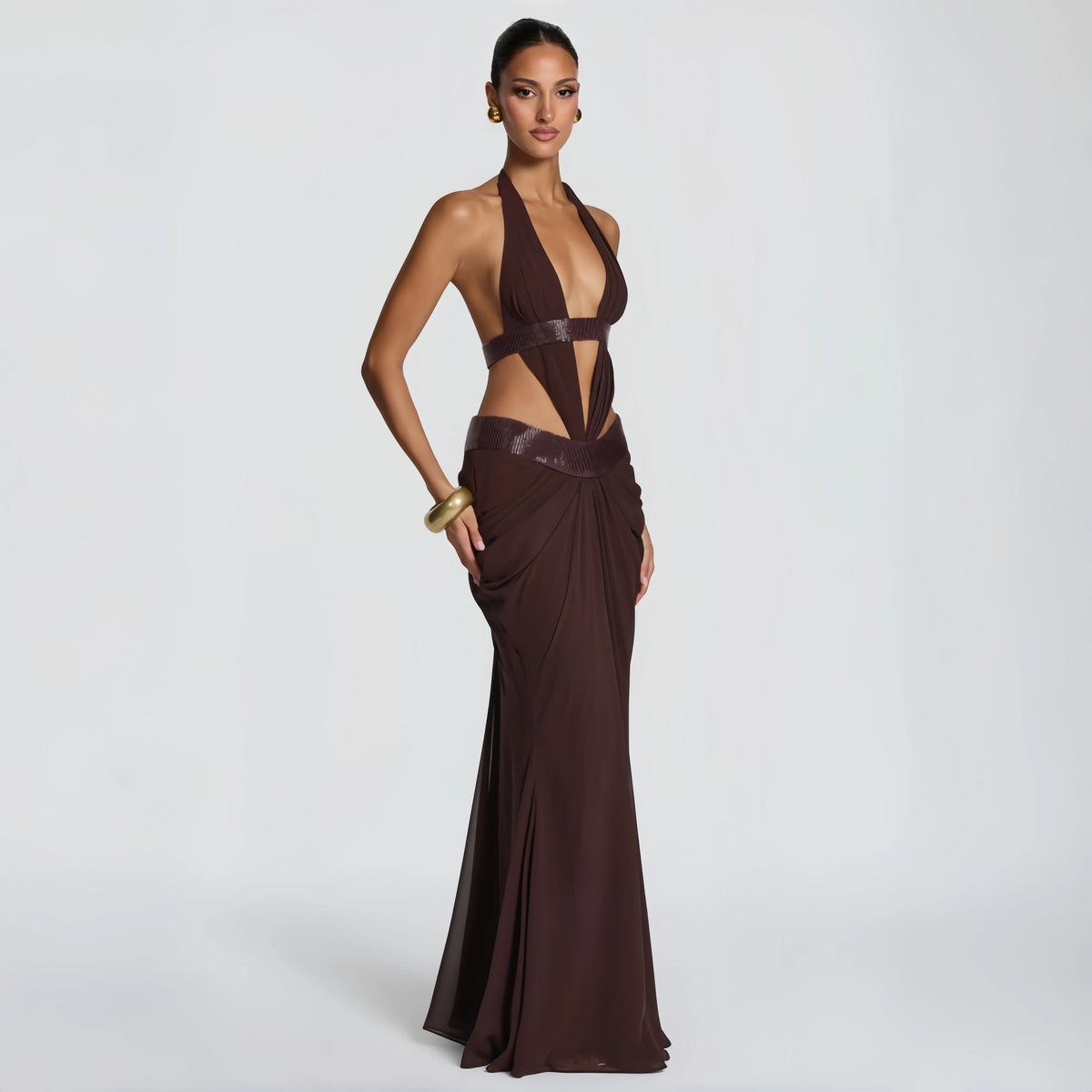 Pale Yellow Halter Deep V Mermaid Evening Dress For Women Luxury Sequin Chiffon Bodycon Maxi Gown Prom Party Gala Club Vestidos