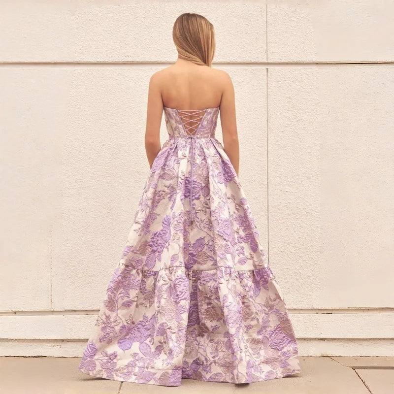Pink Strapless Prom Dresses with Floral Jacquard Corset Bodice and Tiered Ball Gown Skirt Customized Formal Evening 2026