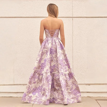 Pink Strapless Prom Dresses with Floral Jacquard Corset Bodice and Tiered Ball Gown Skirt Customized Formal Evening 2026