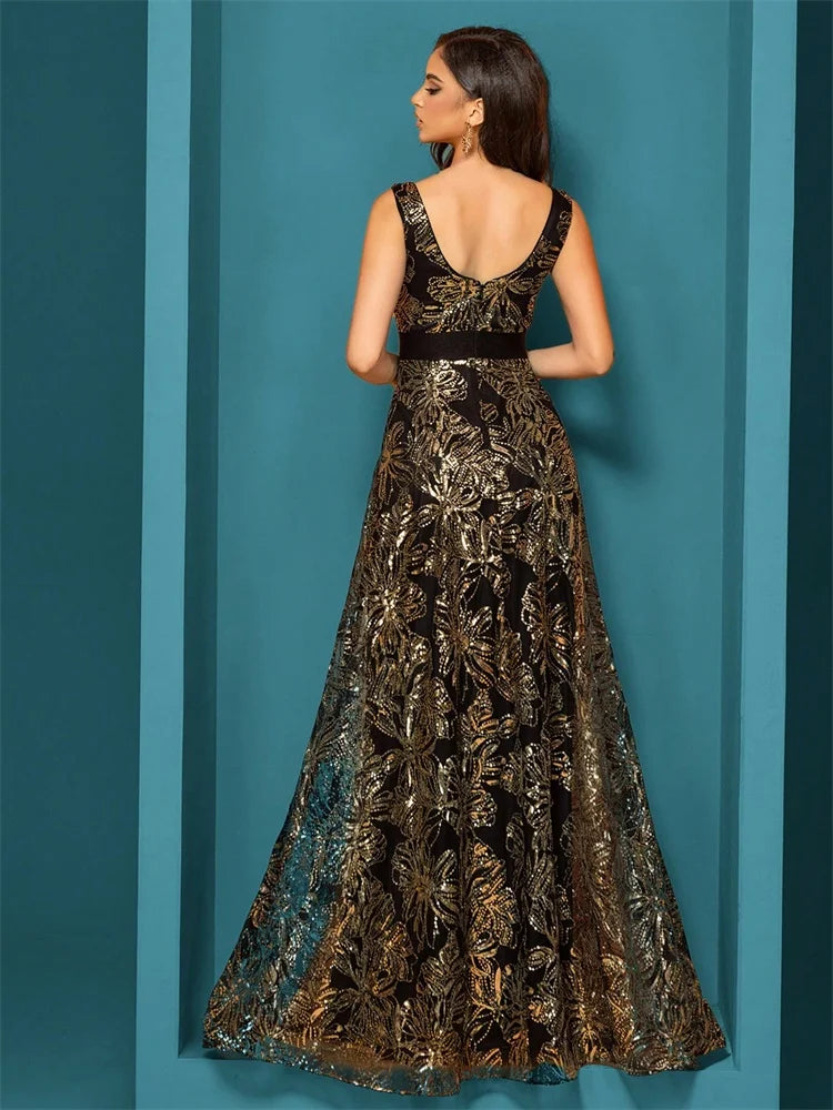 Luxury Sexy Deep V-Neck Sequins Blue Evening Dresses Women Elegant V-back Wedding Party Long Prom Cocktail Dress