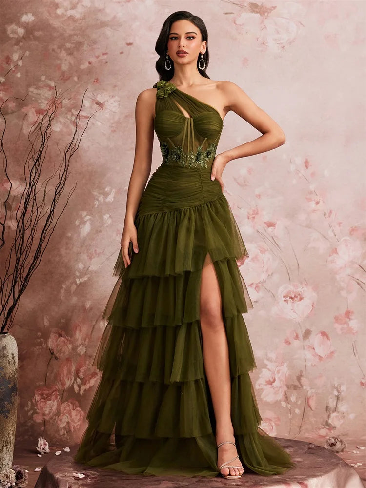 Luxury Skew-shouldered Fishbone Applique Cake Dress Elegant Tulle Slit Formal Evening Dresses Elegant Backless Party Gowns