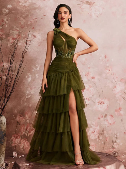 Luxury Skew-shouldered Fishbone Applique Cake Dress Elegant Tulle Slit Formal Evening Dresses Elegant Backless Party Gowns