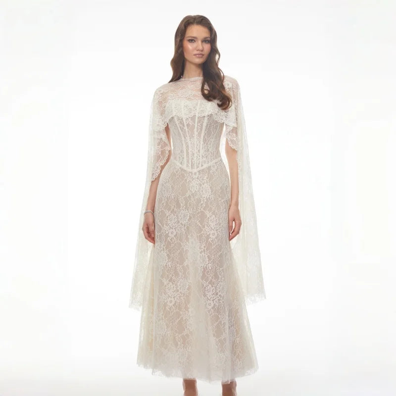 Customized Lace High Collar Trumpet Floor-length Bespoke Occasion Woman Elegant Shawl Wedding Prom Dresses High Quality