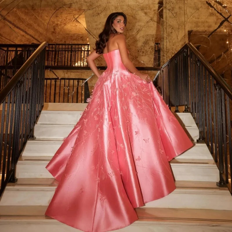 Luxury Dubai Coral Pink Evening Dresses 3D Flowers Sweeheart Wedding Formal Party Dress Saudi Evening Dress Customized