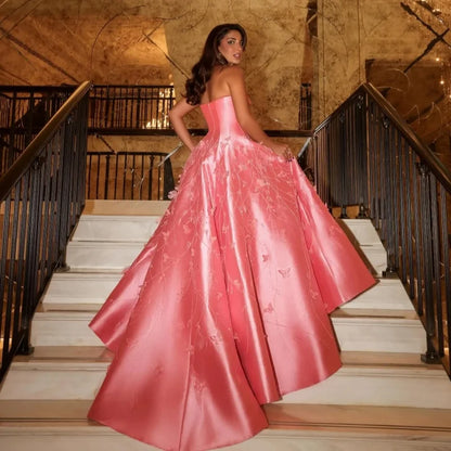 Luxury Dubai Coral Pink Evening Dresses 3D Flowers Sweeheart Wedding Formal Party Dress Saudi Evening Dress Customized
