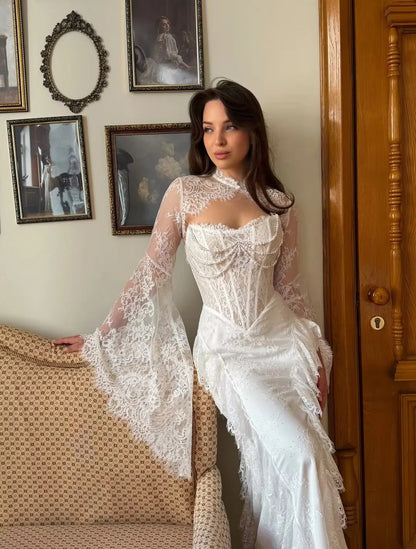 Customized Corset Bodice Lace Party Dress White Mermaid Long Train Formal Evening Prom Quinceanera Wedding Gown For Women