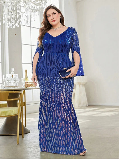 Plus Size Elegant Sequin Black Evening Dress 2025 Women Formal Maxi Prom Long Sleeves Party Luxury Cocktail Dress