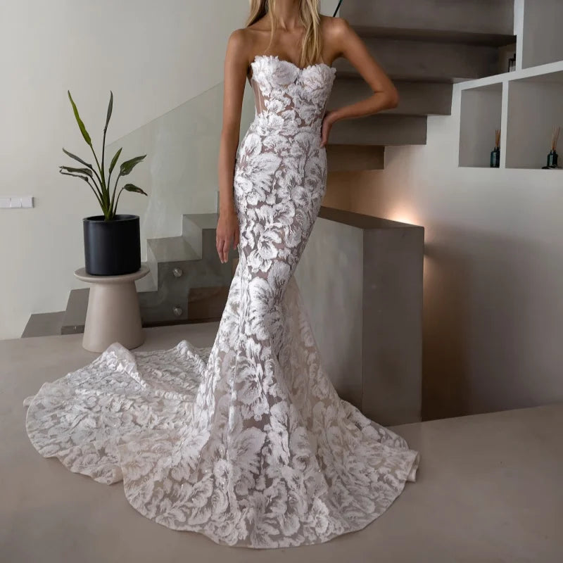 Customized White Mermaid Lace Embroidery Prom Dresses Strapless Sleeveless vestidos de noche Court Train Wedding Party