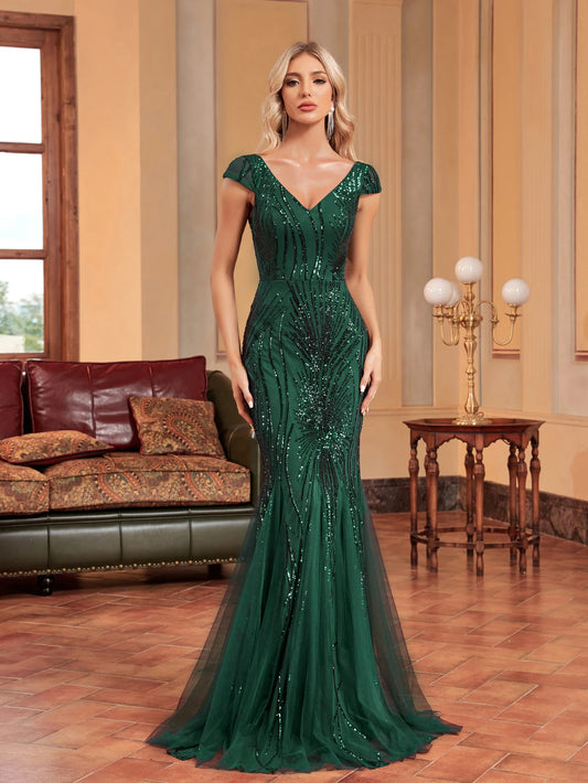 Luxury Sleeveless V-neck Sequins Formal Evening Dresses Women Elegant Mermaid Party Maxi Prom Arabia Cocktail Gowns