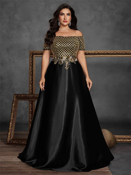 Plus Size Elegant Short Sleeve Sequins Splicing Formal Evening Dresses Women Luxury Party Bridesmaid Cocktail Gowns
