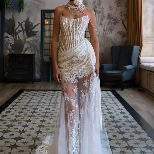 Women's Formal Evening Gowns Unique Design Strapless Mermaid Lace Wedding Dress With French Sheer Mermaid Train