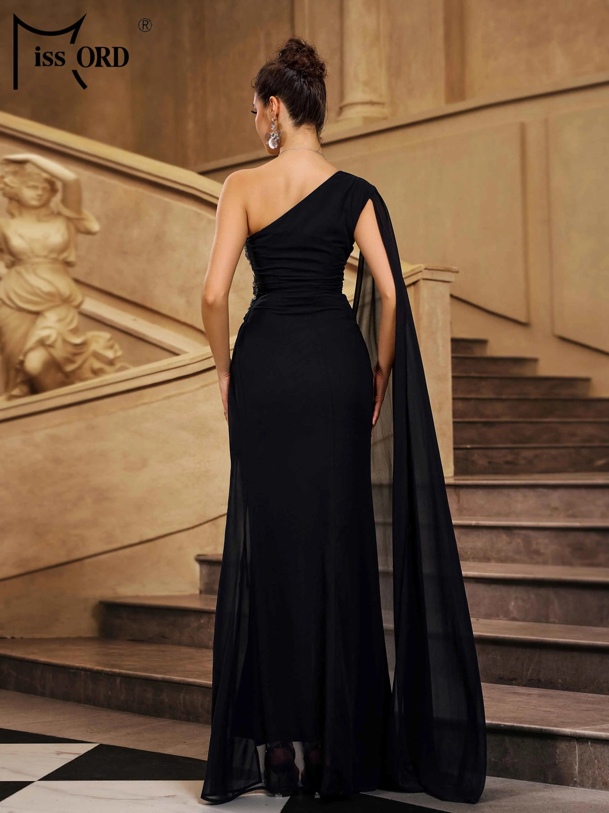 Missord New 2026 One Shoulder Black Asymmetrical Split Evening Gown Birthday Party Formal Occasion Chic Elegant Woman Maxi Dress