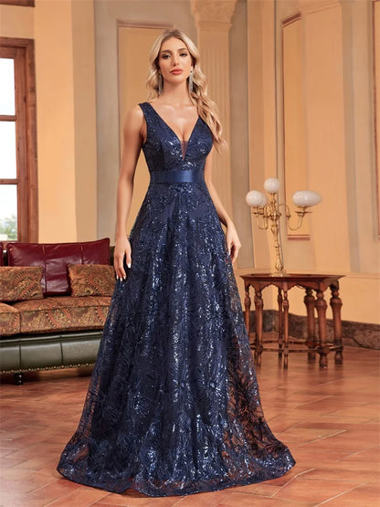 Luxury Sexy Deep V-Neck Sequins Blue Evening Dresses Women Elegant V-back Wedding Party Long Prom Cocktail Dress