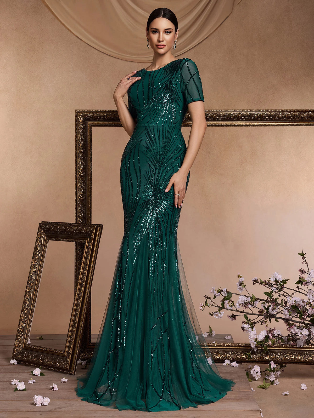 Elegant Short Sleeves Sequin Tulle Evening Dresses Women Luxury Mermaid Formal Bridesmaid Party Maxi Prom Dress