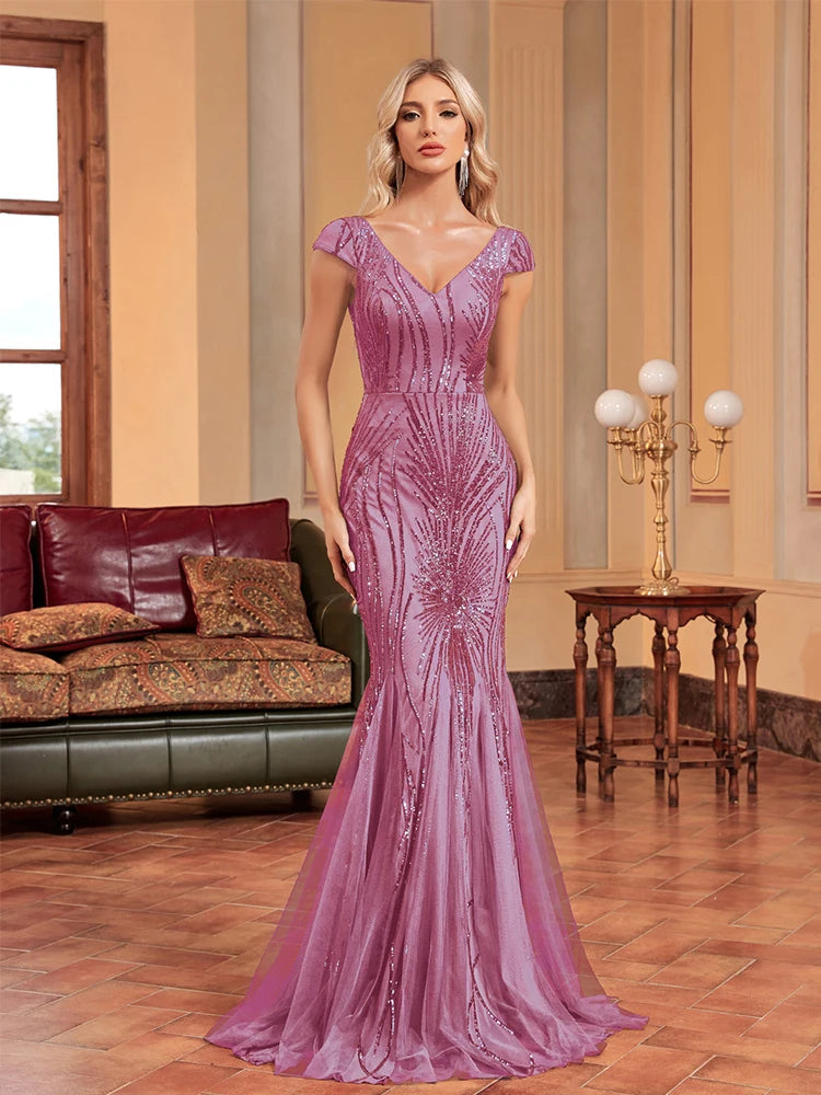 Luxury Sleeveless V-neck Sequins Formal Evening Dresses Women Elegant Mermaid Party Maxi Prom Arabia Cocktail Gowns