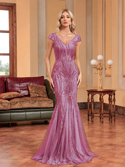 Luxury Sleeveless V-neck Sequins Formal Evening Dresses Women Elegant Mermaid Party Maxi Prom Arabia Cocktail Gowns