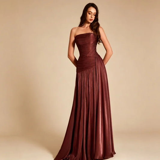Luxury Dubai Rust Red A Line Evening Dress Pleated Strapless Off Shoulder Women Wedding Formal Gowns Size Color Customization