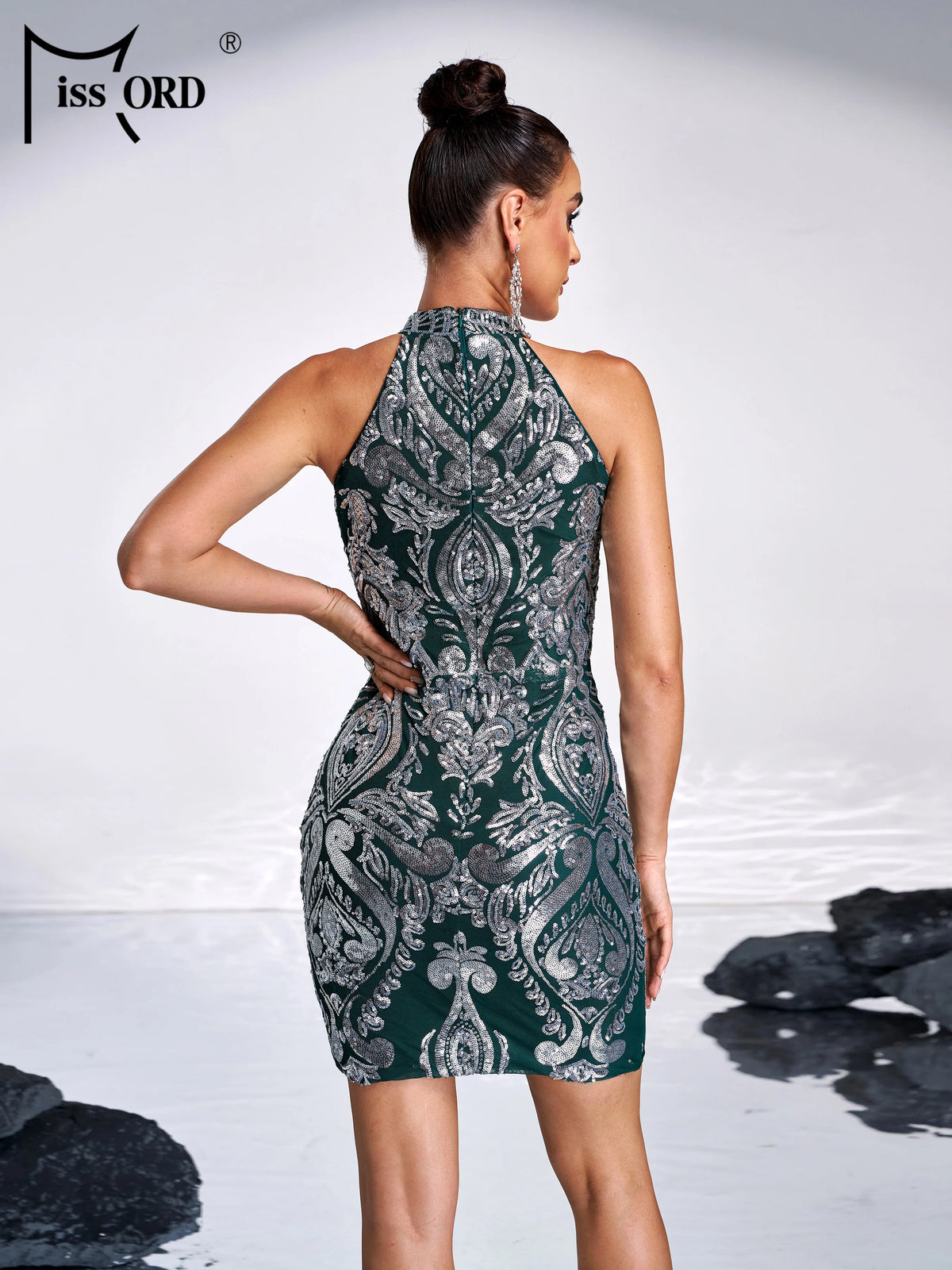 Missord Vintage Sequin Mini Dresses Women Elegant Halter O Neck Sleeveless High Waist Bodycon Short Cocktail Party Dress