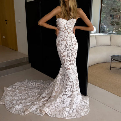 Customized White Mermaid Lace Embroidery Prom Dresses Strapless Sleeveless vestidos de noche Court Train Wedding Party