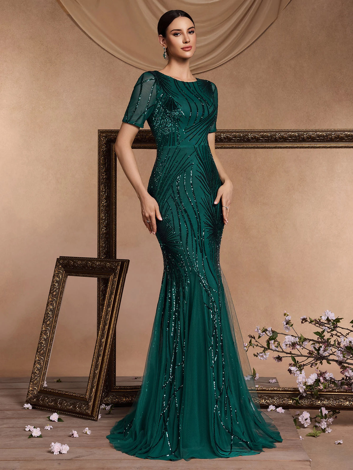 Elegant Short Sleeves Sequin Tulle Evening Dresses Women Luxury Mermaid Formal Bridesmaid Party Maxi Prom Dress