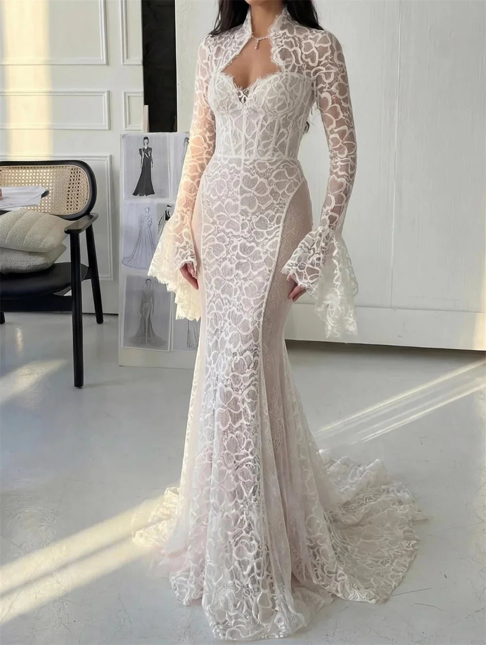 Elegant White Lace Mermaid Wedding Dress Formal Wedding Party Dress Luxury Custom Made Floor Length Reception Gown