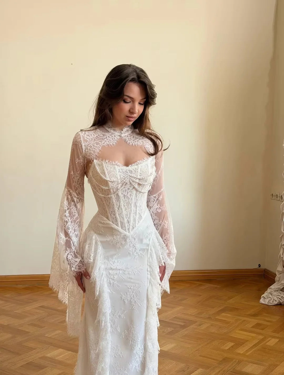 Customized Corset Bodice Lace Party Dress White Mermaid Long Train Formal Evening Prom Quinceanera Wedding Gown For Women
