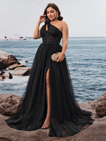 Plus Size Luxury Skew-shouldered Applique Cake Dress Luxury Slit Formal Evening Dresses Elegant Graduation Party Gown