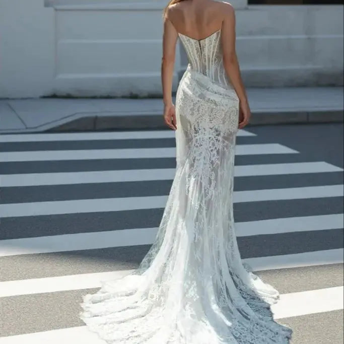 Women's Formal Evening Gowns Unique Design Strapless Mermaid Lace Wedding Dress With French Sheer Mermaid Train