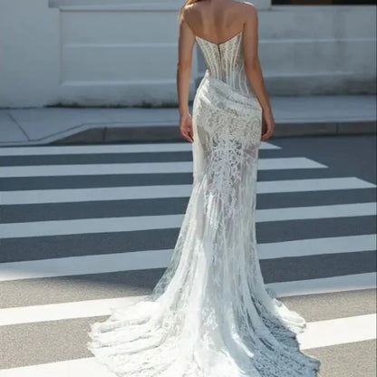 Women's Formal Evening Gowns Unique Design Strapless Mermaid Lace Wedding Dress With French Sheer Mermaid Train
